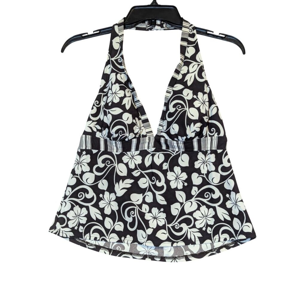 Caribbean Joe Halter Tankini Top Floral Print Padded Cups Brown & White Size 14